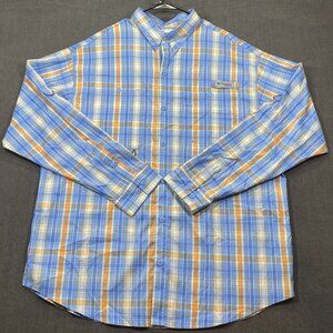 Columbia Mens XL Blue Orange Plaid Long Sleeve Button-Up Shirt Vented Fishing